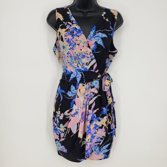Yumi Kim Floral Print  Faux Wrap Mini Dress S Sleeveless Side Tie Black Blue - Picture 1 of 11